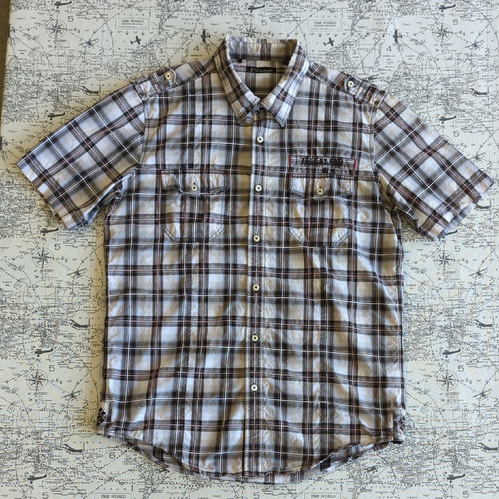 7 Diamonds Men's Casual Plaid Shirt - Black, White and Red Size Large